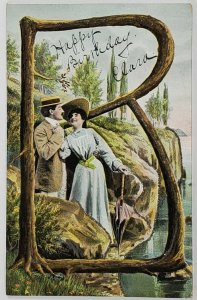 Victorian Romance Tree Letter B Glitter Decorated Postcard S3