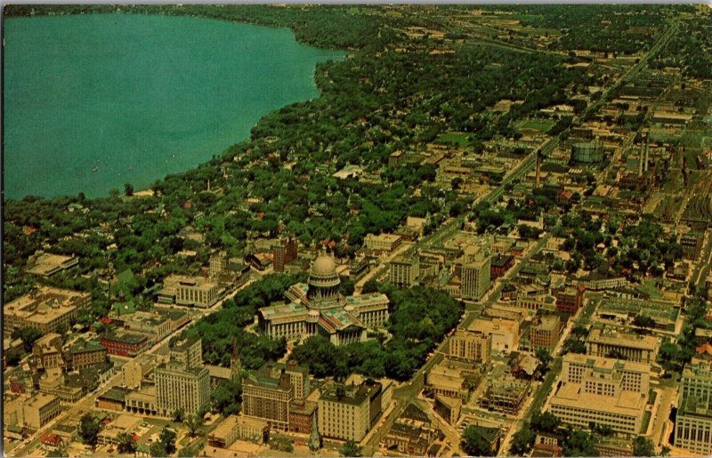 Aerial View, Downtown Madison WI Capitol Square Vintage Postcard L55 