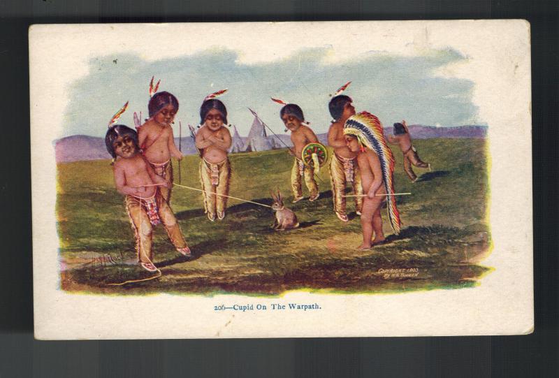 1903 Mint Embossed Postcard Native American Little Indians Cupid on the Warpath