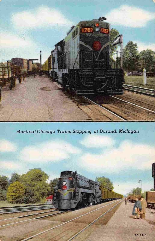 Montreal Chicago Trains Stopping Durand Michigan chrome postcard
