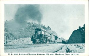 UP 4008 RR Train Sherman Hill Near Haniman WY 1956 Postcard