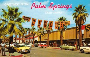 Palm Canyon Drive PALM SPRINGS, CA Desert Circus 1950s Cars Vintage Postcard