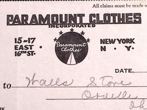 1938 PARAMOUNT CLOTHES NEW YORK WALLS STORE ORRVILLE BILLHEAD STATEMENT Z319