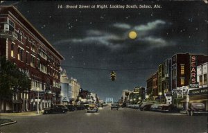 Selma Alabama AL Broad Street at Night Streetlight Full Moon Vintage Postcard