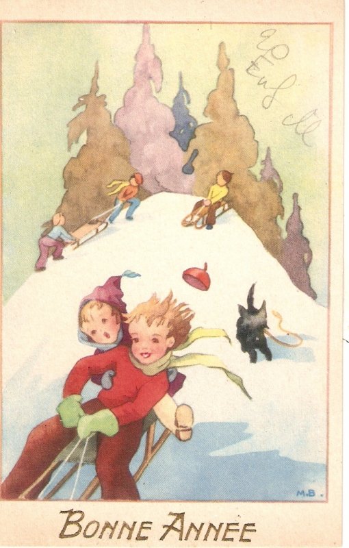 cChildren. Playing in snow  Old vintage French  Geetings Postcard