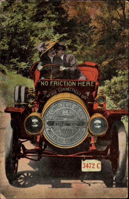 Connecticut Oil Co Car Adv on Grill Romance c1910 Postcard - Waterbury CT