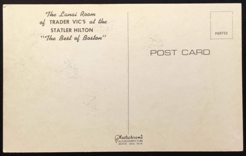 Postcard Unused Trader Vic's at Statler Hilton Boston MA LB