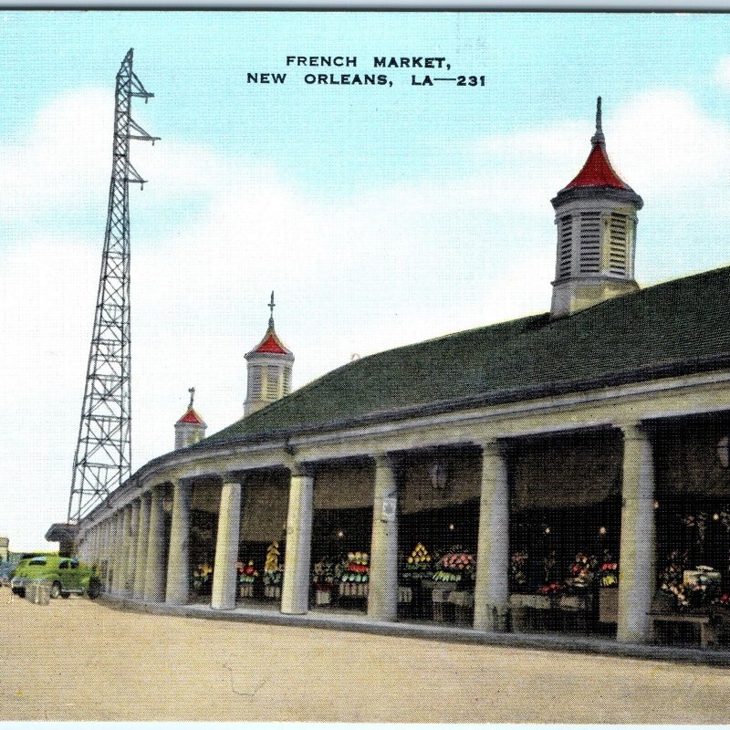 c1940s New Orleans, LA French Market Radio Tower Cars Linen Postcard Fruit A82