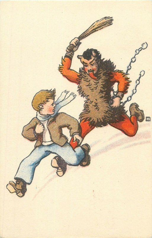 Chain Devil running Krampus Boy Christmas comic artist signed fantasy postcard