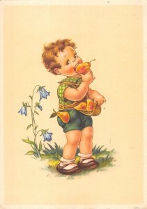 US4174 Little Boy Eating Pears Painting Flowers Postcard