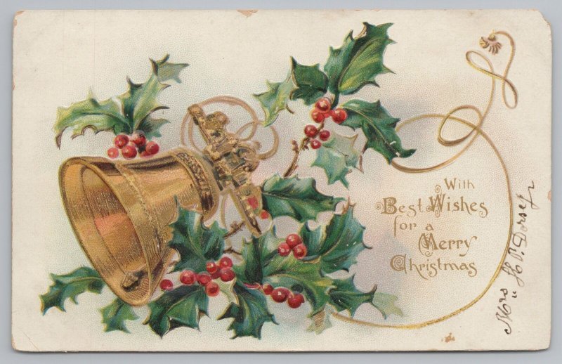 TUCK~As Is~Merry Christmas~Gold Bell & Holly~Undivided Back~Vintage Postcard 