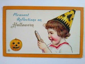 Antique Halloween Postcard Cute Girl Holds Mirror Witch Hat 80 F Embossed Unused 