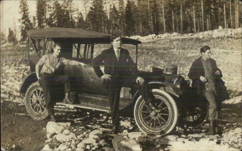 Men Pose w/ Car Camera on Hood c1910 Real Photo Postcard