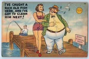 Fat Man Cigarette Smoking Woman Gold Digger Good Fishing Here Vintage Postcard