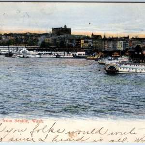 1907 Seattle, WA Greetings Harbor Steamship Steamer Sternwheeler Postcard A172