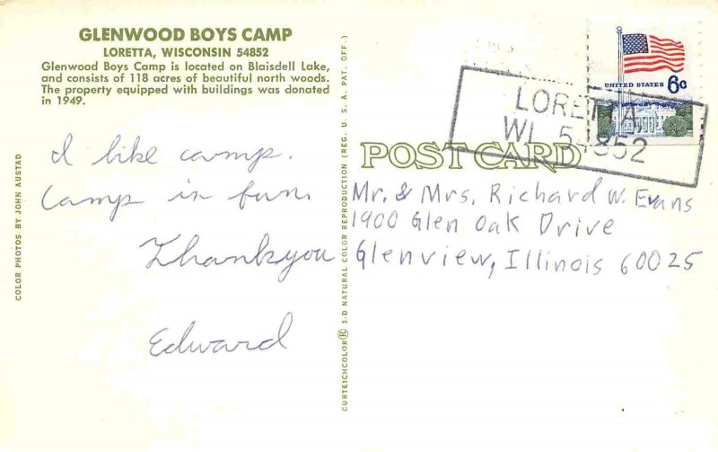 Glenwood Boys Camp Loretta Wisconsin 1971c postcard