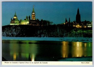 Parliament Buildings Winter Night View Ottawa Ontario Canada Chrome Postcard NOS