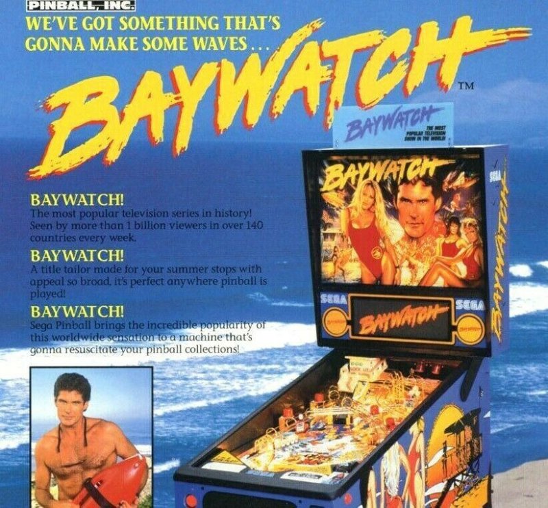 Baywatch 1995 Original Arcade Pinball FLYER Pamela Anderson David Hasselhoff Art