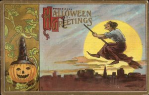 Halloween - Witch on Broom Moonlight #2 c1910 Postcard
