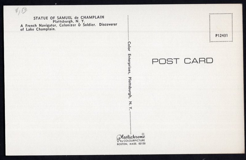 New York PLATTSBURGH Statue of Samuel de Champlain - Chrome