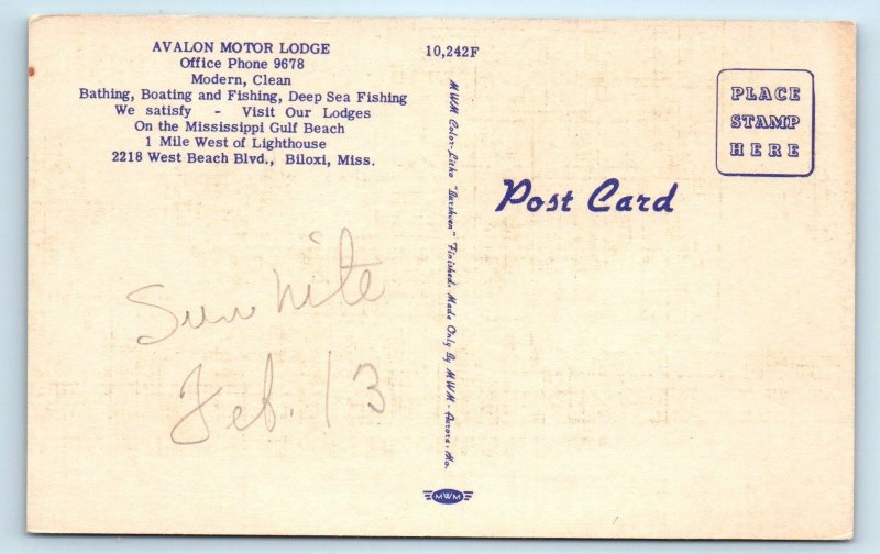 BILOXI, MS Mississippi ~ AVALON MOTOR LODGE c1940s Car Roadside Linen  Postcard
