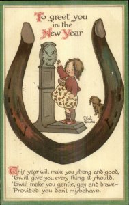 New Year Ethel DeWees Child on Scale Horseshoe Ernest Nister Postcard