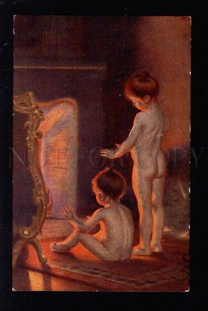 032723 NUDE Young Girls near Fire by PAUL PEEL Vintage PC