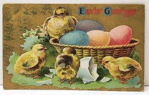 Easter Greetings Chicks Colorful Eggs in Basket 1911 to Dresden Ohio Postcard F5