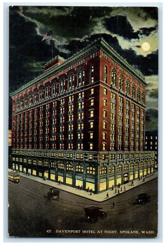 1915 Exterior View Davenport Hotel Night Spokane Washington WA Vintage Postcard 