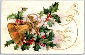Best Wishes for A Merry Christmas, 1906 Greetings, Jingle Bell, Holly, Postcard
