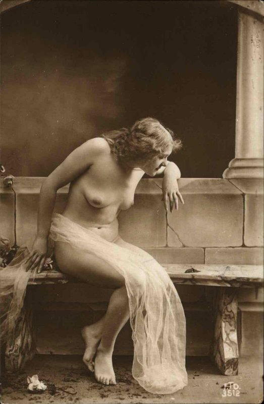 Nude Woman Butterfly on Bench FTD #3512 c1910 Italian Real Photo Postcard