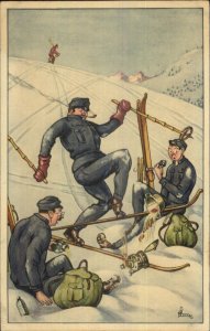 Skiing Man Crashes Gas Fire Place Artist Signed c1920 Postcard xst NICE ART