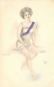 Postcard C-1910 hand colored woman bathing suit 22-12588
