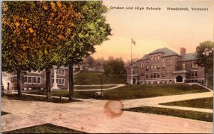 Hand Colored Postcard Graded and High Schools in Woodstock, Vermont