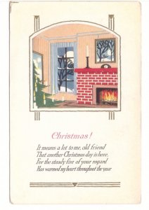 Christmas Tree And Hearth Scene, Vintage Embossed Christmas Postcard