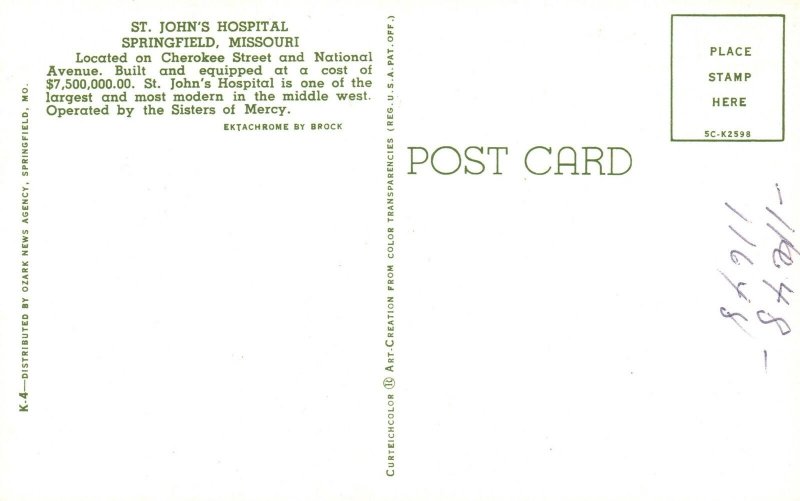 Vintage Postcard St. John Hospital Cherokee Street National Ave. Springfield MO