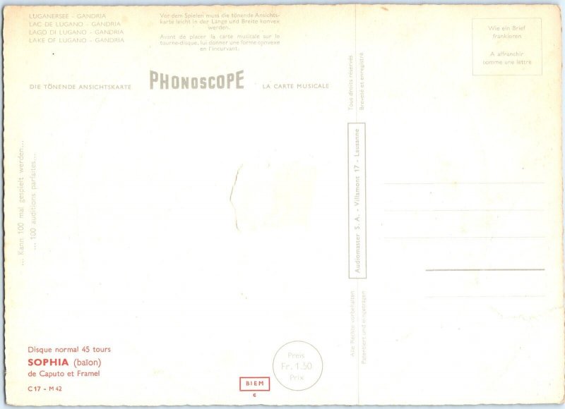 Jumbo c1950s Lausanne, CH Phonoscope Sophia 45RPM Record Postcard Oversized 1T