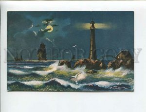 3173865 GERMANY LIGHTHOUSE ships night Vintage postcard