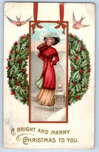 1915 Christmas Pretty Woman Wreath Berries Birds Embossed Antique Postcard
