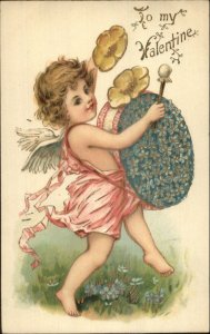 Valentine - Cute Cherub Child Banging Flower Drum c1910 Postcard