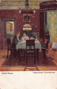 Art signed Alfred Russo Couple Talking at Dinner Table 1918 vintage postcard
