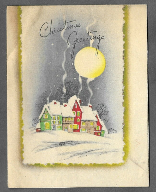 VINTAGE 1940s WWII ERA Christmas Greeting Holiday Card SNOWY VILLAGE & MOON
