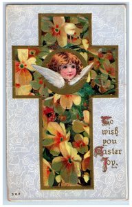 1911 Easter Holy Cross Flowers Angel Head Embossed Detroit MI Antique Postcard