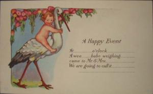 Stork Baby Birth Announcement c1910 Postcard