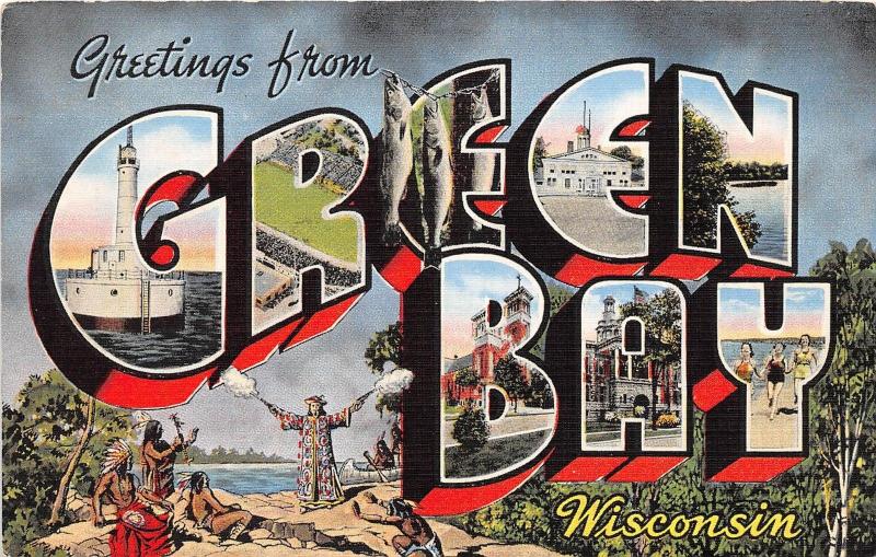 B10/ Green Bay Wisconsin Wi Postcard Linen Large Letter Greeting