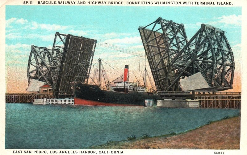 Vintage Postcard Bascule-Railway & Highway Bridge Los Angeles Harbor California 