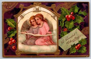 Peaceful Christmas~2 Angels Sing From Large Songbook~Purple Gold Art Nouveau~ZIM