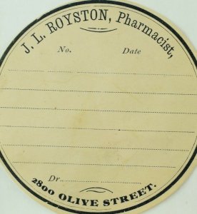 1880's-90's J.L. Royston, Pharmacy Prescription Bottle Label Unused F93