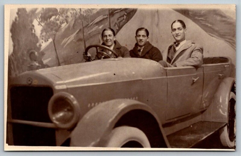 RPPC  Young Men in Studio Prop Car   Postcard  c1915