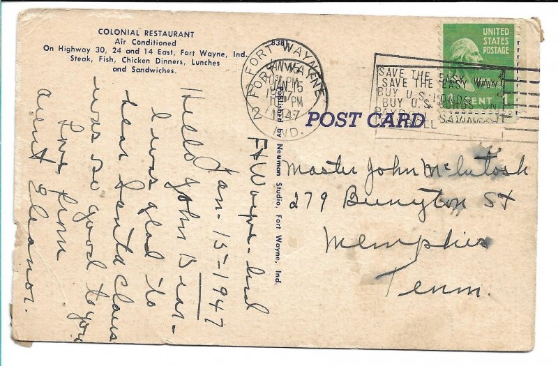 Ft. Wayne, IN - The Colonial Restaurant - 1947